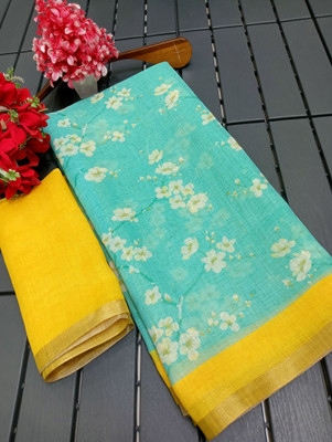 HangerStories Printed Kanjivaram Cotton Linen, Linen Saree(Light Green, Yellow)