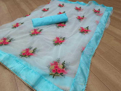 DWINIZAA STORE Embroidered Bollywood Net Saree(Blue)
