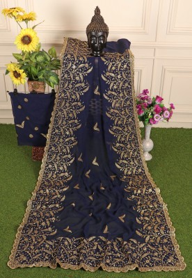 BUTTERSILK FASHION Embroidered Bollywood Georgette Saree(Dark Blue)