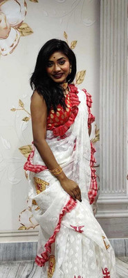 AMIT STORE Woven Jamdani Cotton Silk Saree(White)