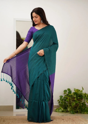 Raees Ethnic Solid/Plain Handloom Cotton Blend Saree(Green, Purple)