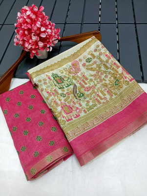 HouseOfCommon Floral Print Kanjivaram Linen, Cotton Linen Saree(Multicolor)
