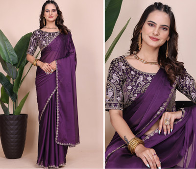 niesha fashion Embroidered Bollywood Chiffon Saree(Purple)