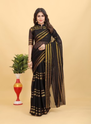 PRETTYAGE Striped, Solid/Plain Bollywood Art Silk, Chiffon Saree(Black)