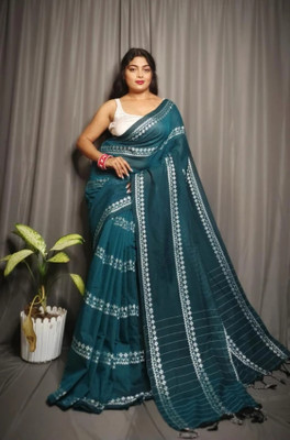 RIDDHIMAN FASHION Embroidered, Woven, Geometric Print, Self Design, Solid/Plain Handloom Pure Cotton Saree(Green)