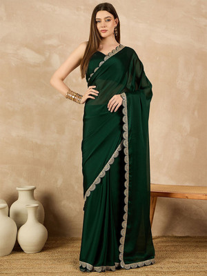 Panchvati NX Solid/Plain Bollywood Chiffon Saree(Dark Green)