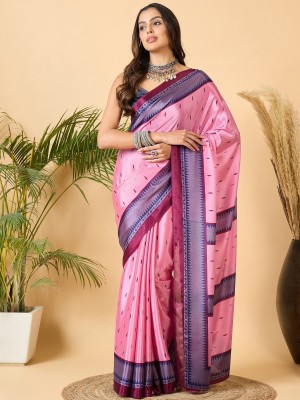 Vichitra Printed, Temple Border Daily Wear Crepe, Silk Blend Saree(Pink)