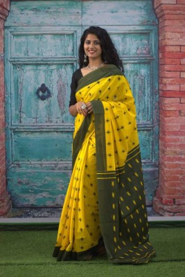 NIKHILAM Printed Ikkat Pure Cotton Saree(Yellow, Black)