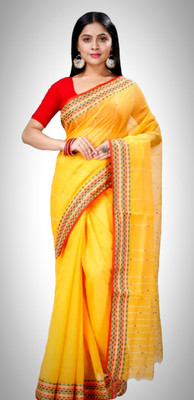 Ganesh plastic and industry Solid/Plain Handloom Pure Cotton Saree(Yellow)