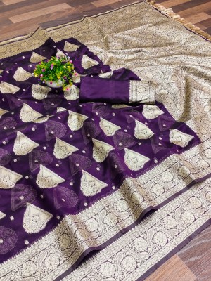 manat Self Design, Floral Print, Embellished, Woven, Applique Banarasi Organza Saree(Purple)