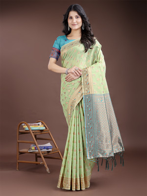 Tasrika Woven Banarasi Cotton Linen Saree(Green)
