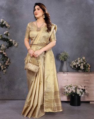 YASHIKA Printed Kanjivaram Silk Blend Saree(Cream)