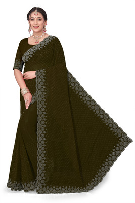 VNENTENTERPRISE Solid/Plain Bollywood Organza Saree(Dark Green)