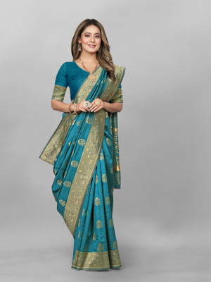 Hinayat Fashion Self Design, Printed, Embroidered, Embellished, Woven Kanjivaram Cotton Silk, Silk Blend Saree(Green)