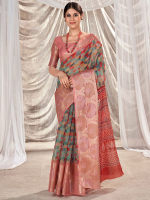 Anouk Rustic Printed Banarasi Organza Saree(Light Green)