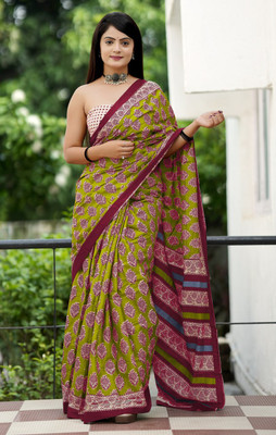 Rudra Printed Saree with Attached Blouse Cotton Blend Saree(Mustard)