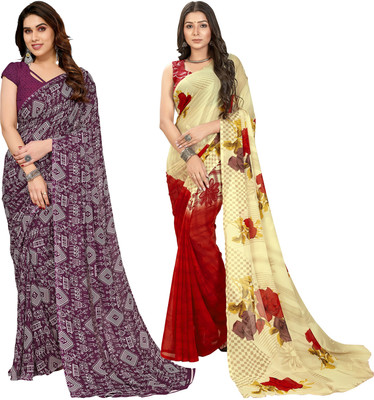 Anand Sarees Floral Print Bollywood Georgette Saree(Pack of 2, Red, Beige, Purple)