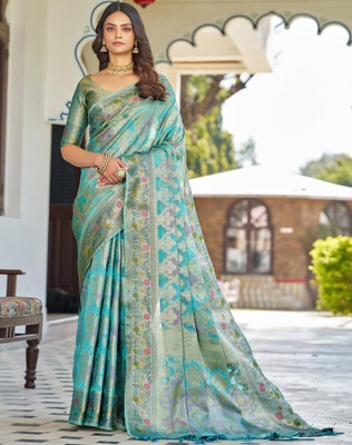 Tasrika Woven, Embellished Banarasi Jacquard, Silk Blend Saree(Light Blue)