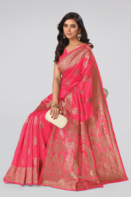 MIRCHI FASHION Woven, Embellished Kanjivaram Silk Blend Saree(Pink, Gold)