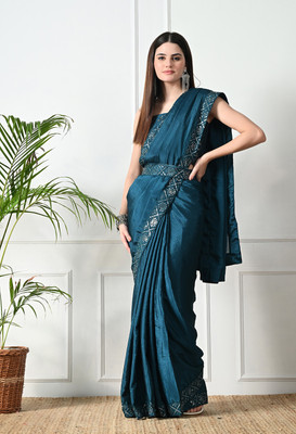 Pionex Solid/Plain Bollywood Chiffon, Silk Blend Saree(Light Blue)