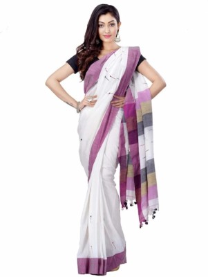 Krishneshwari Woven Handloom Pure Cotton Saree(Purple, White)