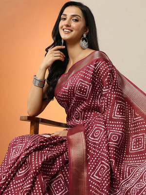 LIBAS Printed Daily Wear Silk Blend Saree(Brown)