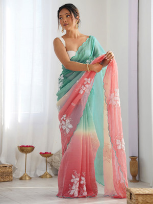 Hensi sarees shop Printed, Solid/Plain Konrad Georgette, Art Silk Saree(Green)