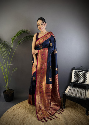 LeeliPeeri Designer Woven, Printed Banarasi Cotton Silk Saree(Dark Blue)