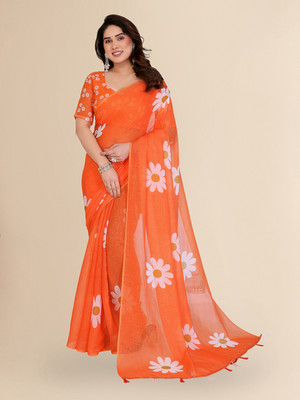 Moda Rapido Floral Print Bollywood Cotton Blend Saree(Orange)