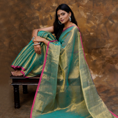Teejh Solid/Plain Bollywood Tissue Saree(Blue)