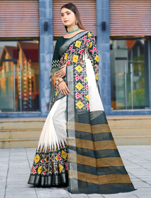 HangerStories Printed Kanjivaram Pure Cotton, Cotton Linen Saree(White, Black)