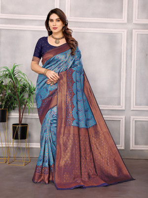 Soor Panchi Woven Kanjivaram Pure Silk Saree(Dark Blue)