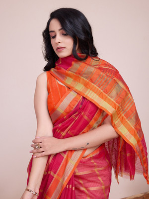 SUDIPTA Woven, Checkered, Striped Kota Doria Cotton Silk Saree(Pink)