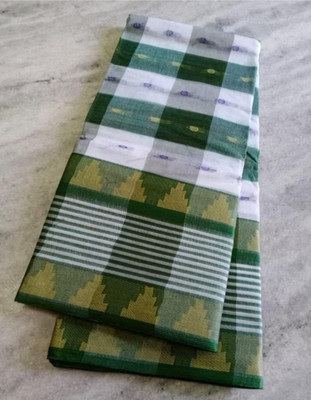 Balorampal Checkered Tant Pure Cotton Saree(Green, White)