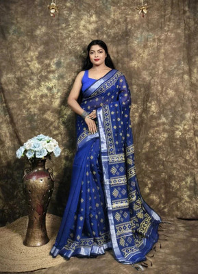 BNNN FASHIONSSS Printed Handloom Viscose Rayon Saree(Blue, Yellow)
