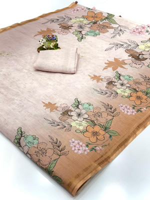 2SD gratitude Floral Print, Printed, Self Design, Digital Print Daily Wear Cotton Linen, Linen Saree(Beige)