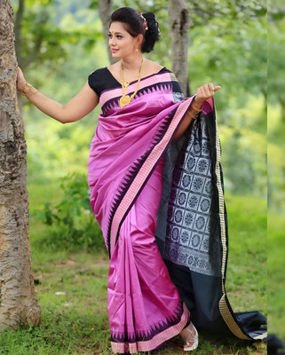 Sijileen Temple Border, Solid/Plain Sambalpuri Silk Blend Saree(Pink)