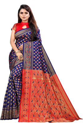 Vedant Vastram Woven Kanjivaram Silk Blend Saree(Dark Blue)