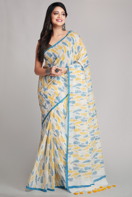 WoodenTant Printed Daily Wear Pure Cotton Saree(White, Multicolor)