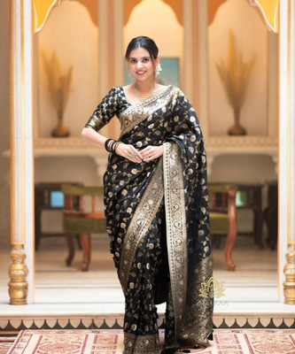 ZILVIRA Woven Kanjivaram Pure Silk, Art Silk Saree(Black)
