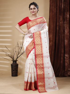 SLAGHA Woven Narayanpet Pure Cotton Saree(White)