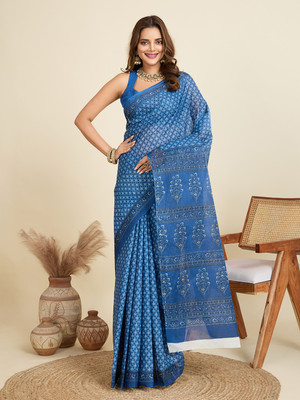 SHANVIKA Printed Daily Wear Pure Cotton Saree(Blue)