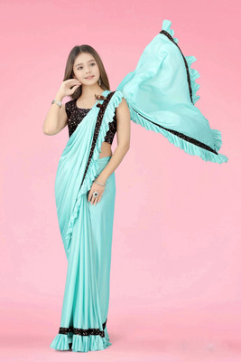 HouseOfCommon Embellished Bollywood Lycra Blend Saree(Light Blue)
