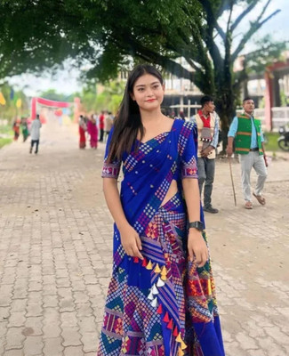 siyaramfabrics Digital Print, Woven Mekhela Chador Cotton Silk Saree(Light Blue)