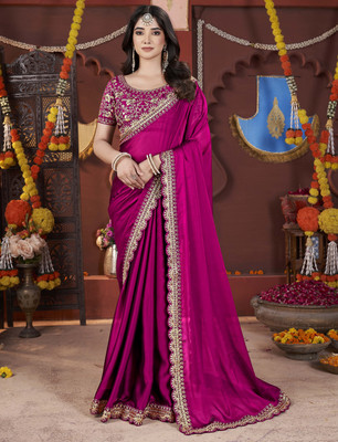 Laddu creation Embroidered Bollywood Satin, Silk Blend Saree(Magenta)