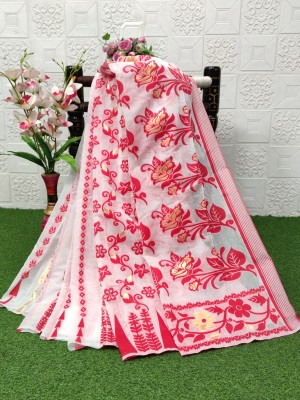 sarisa Self Design, Woven, Embellished Jamdani Jacquard, Cotton Blend Saree(White)
