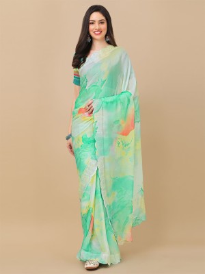 RAJESHWAR FASHION Color Block, Printed Bollywood Chiffon Saree(Light Green, Multicolor)