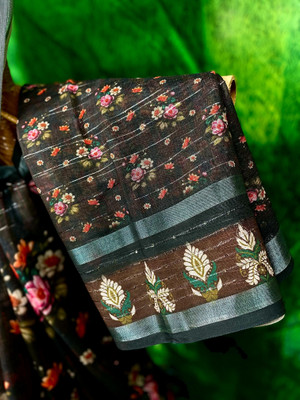 Yakshita creation Printed Bollywood Cotton Linen, Linen Saree(Black)