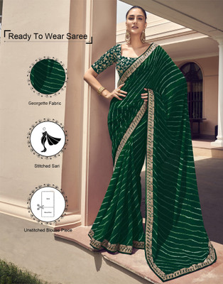 Samah Striped, Embroidered, Printed Bollywood Georgette, Lace Saree(Dark Green, White)