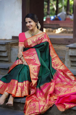 Gold Art Fashion Woven Kanjivaram Jacquard, Pure Silk Saree(Green)